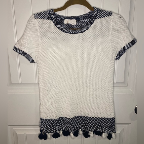 Anthropologie White Allen Sweater Tee with Black and White pom detail - Picture 4 of 9